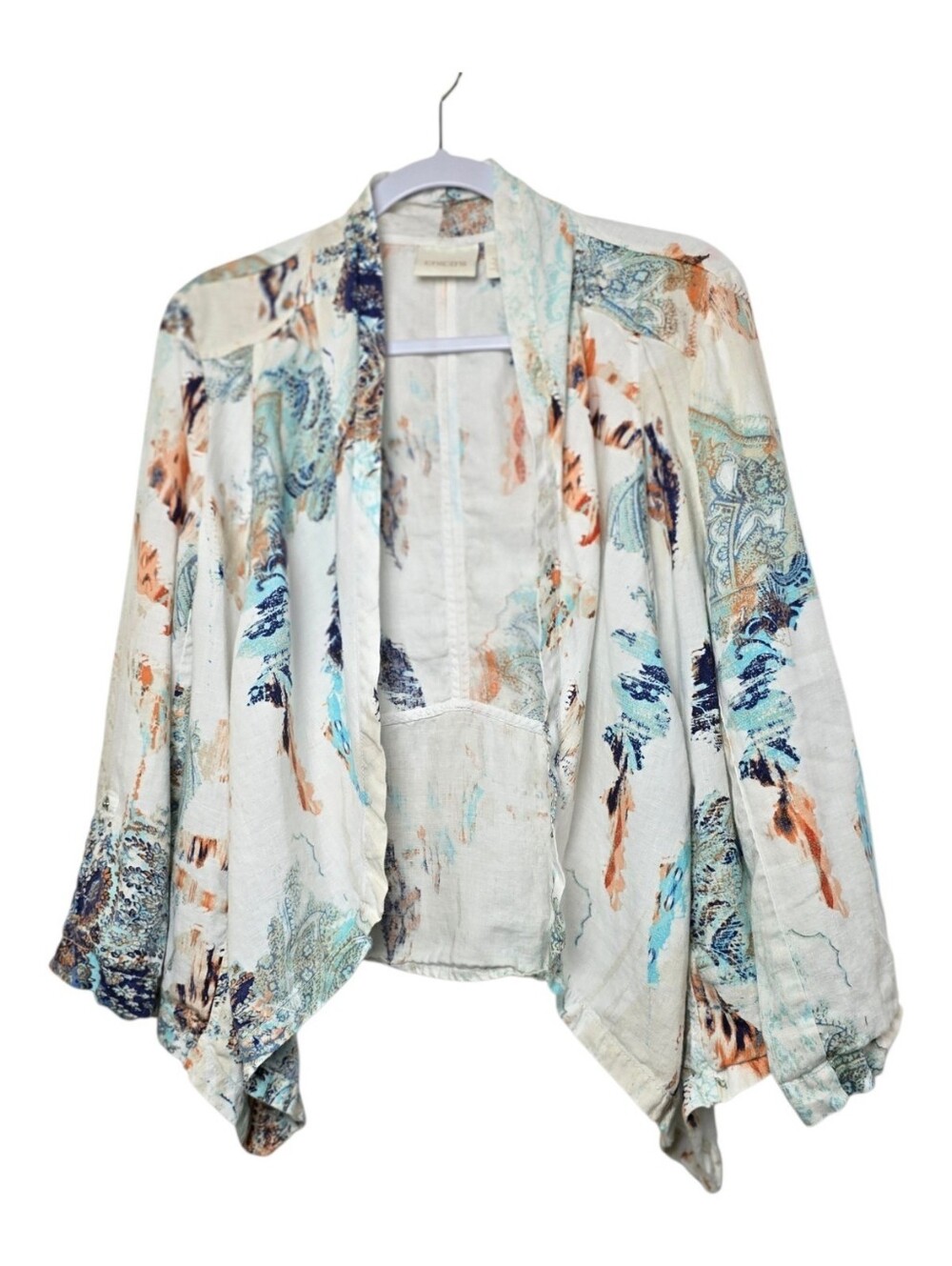 Chico's Linen Open Front Waterfall Long Sleeve Cardigan Sz (1) Large Officewear
